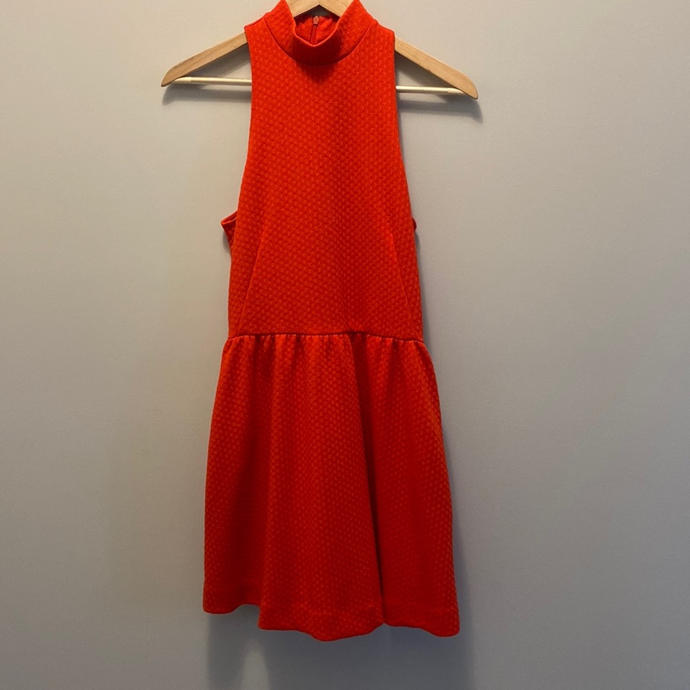 ASOS Whistle Drop Waist Red Textured High Neck Mini Dress